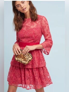 NWT Anthropologie x ML MONIQUE LHUILLIER Embellished Pink Rose Dress, size 10